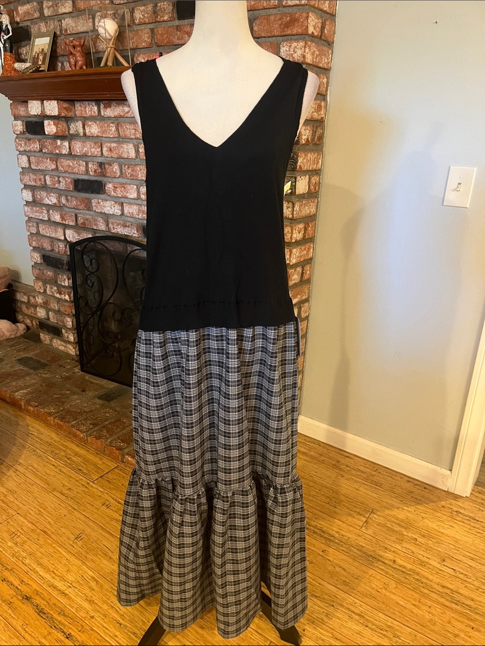 Max Studio $148 Black Sleeveless Maxi Dress with Gray Plaid Skirt